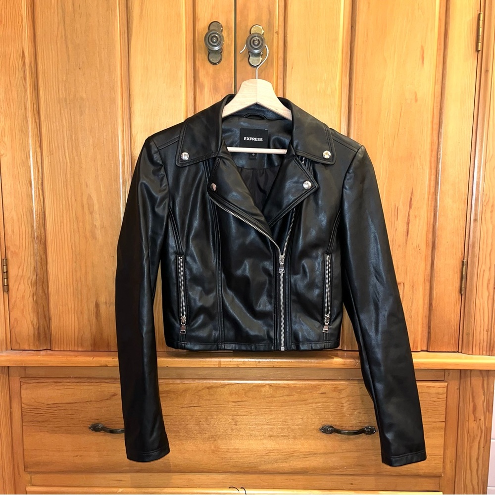 Express Faux Leather Black Biker Moto Jacket with Zippered Pockets